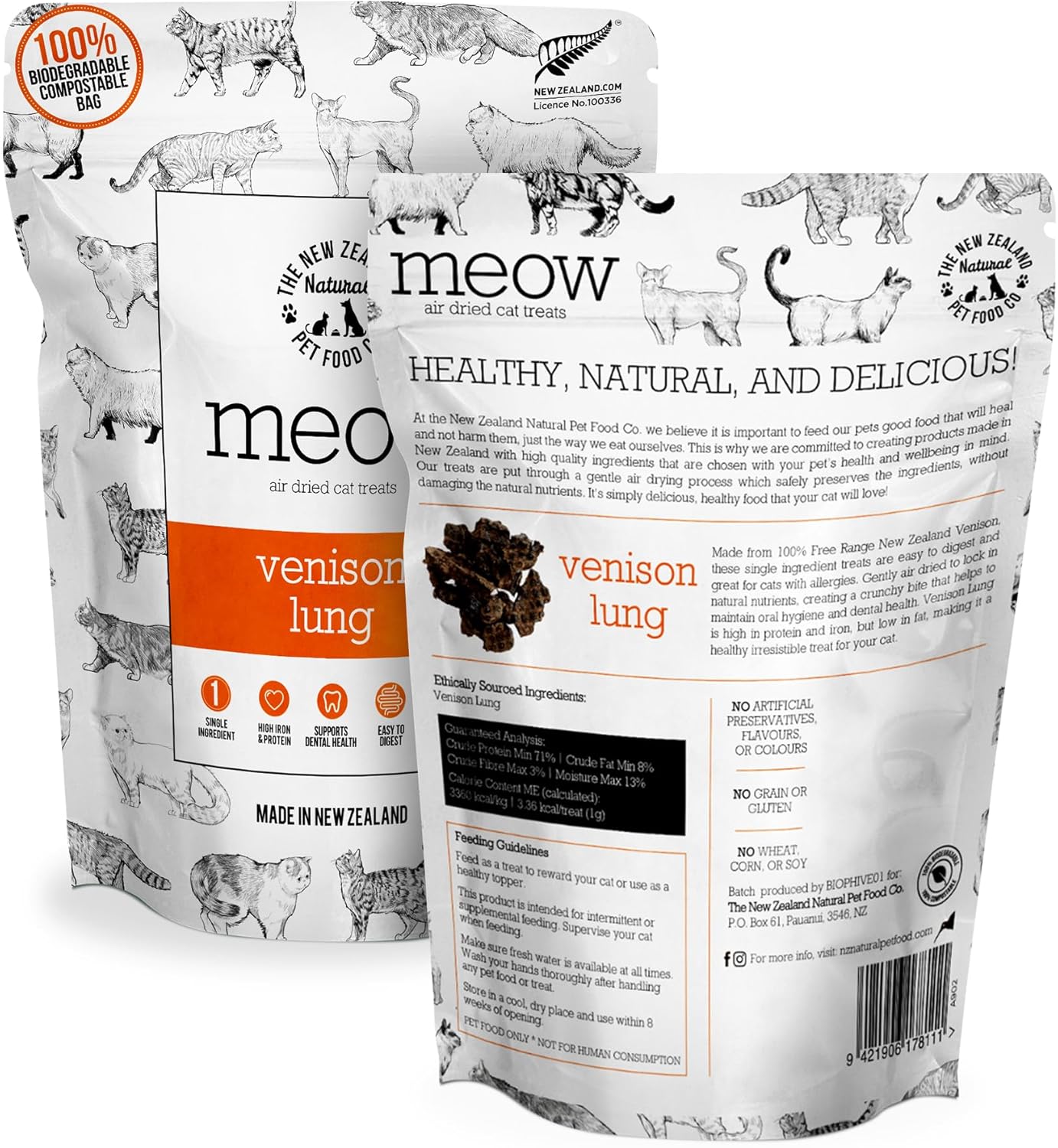 Meow Air Dried Cat Treats - Venison Lung, High Protein, Healthy Cat Snacks and Toppers, All Natural for All Life Stages, 1.76 oz