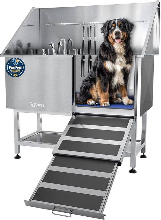 KANIS Professional Dog Washing Station - 304 Stainless Steel Pet Wash Sink & Grooming Bath Tub for Home with Ramp, Shower, Floor Grate, Storage Shelf, Faucet, Drain Kit for Large, Medium & Small Pets