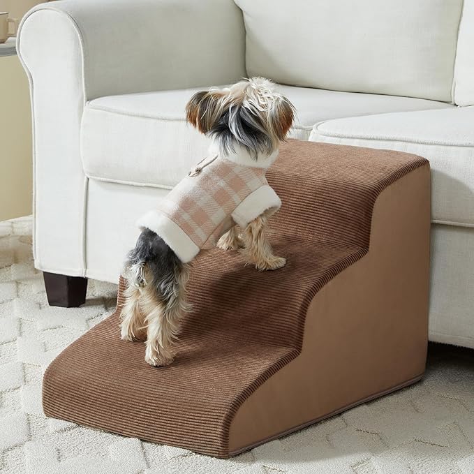 Dog Stairs for Small Dogs, 3-Steps Dog Ramp for Bed and Couch, Pet Stairs with Highly Supportive Foam and Non-Slip Bottom, Pet Steps for Cat & Doggie (High 15.7 Inch)