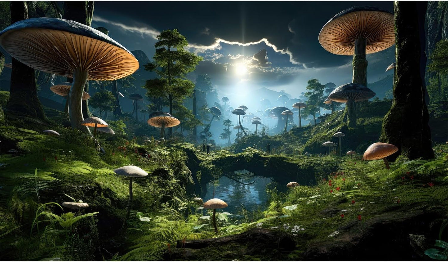 Fantasy Mushrooms Landscape Aquarium Background Tranquil Stream Cloudy Sky Terrarium Background Lush Green Tropical Plants Trees Fish Tank Backdrop Decoration Tank Background Poster 24x12in
