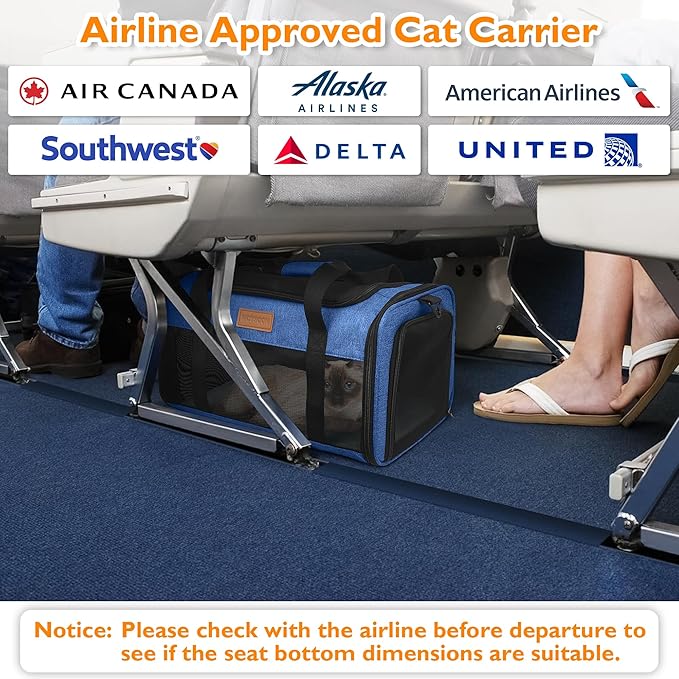 PETUX TSA Approved Pet Carrier in Cabin, 17"x11"x9.5" Soft Cat Carriers for Small Cat up to 12 lb and Puppy up to 10 lb, Top Open Portable Pet Carrier Airline Approved for Travel and Vet Visit (Blue)
