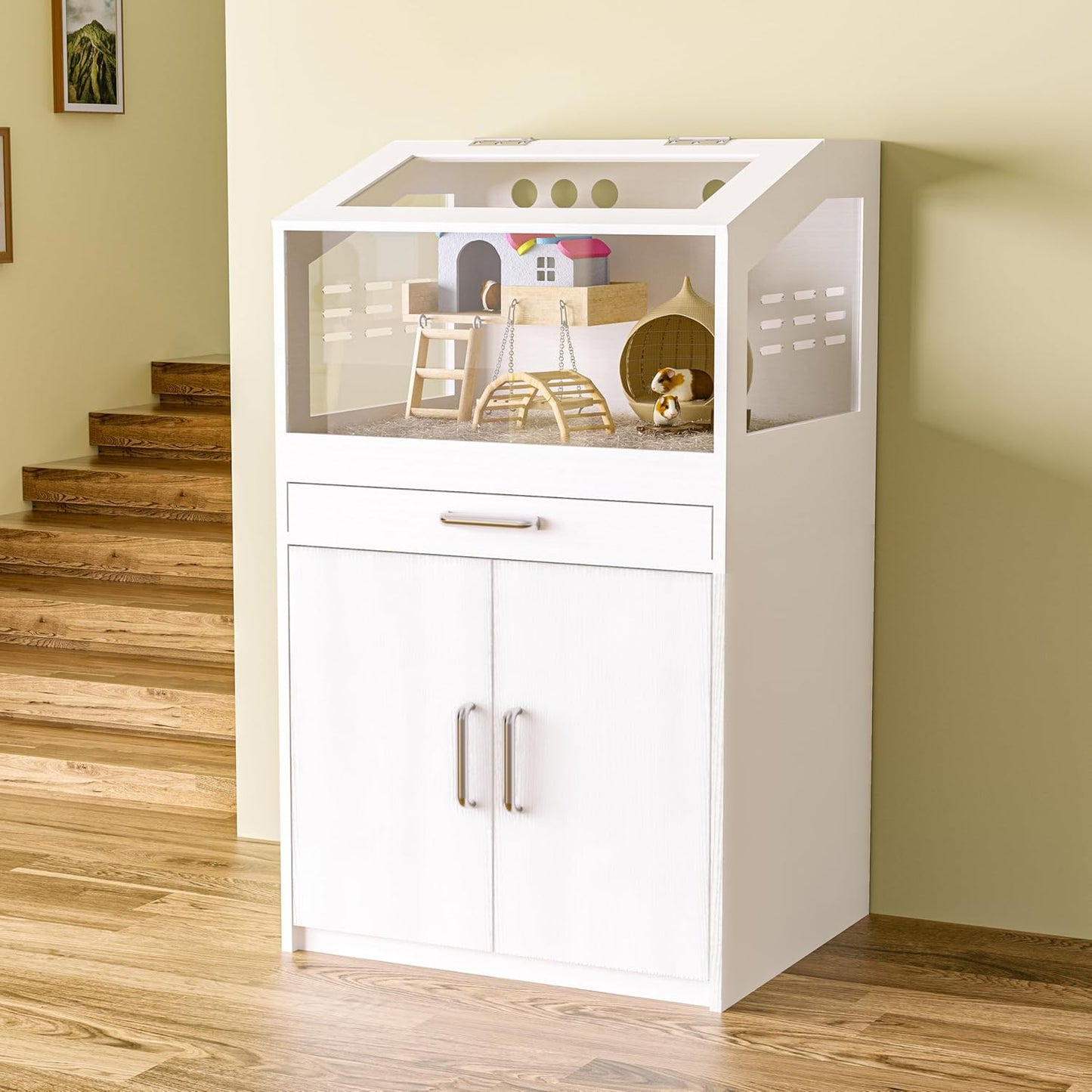 Hamster Cage with Storage Cabinet, Guinea Pig Cage for Small Animals, Large Hamster Cage and Habitat with Easy View Acrylic Panels for Hamster, Rabbit, Guinea Pig, Hedgehog (24"x19"x40")