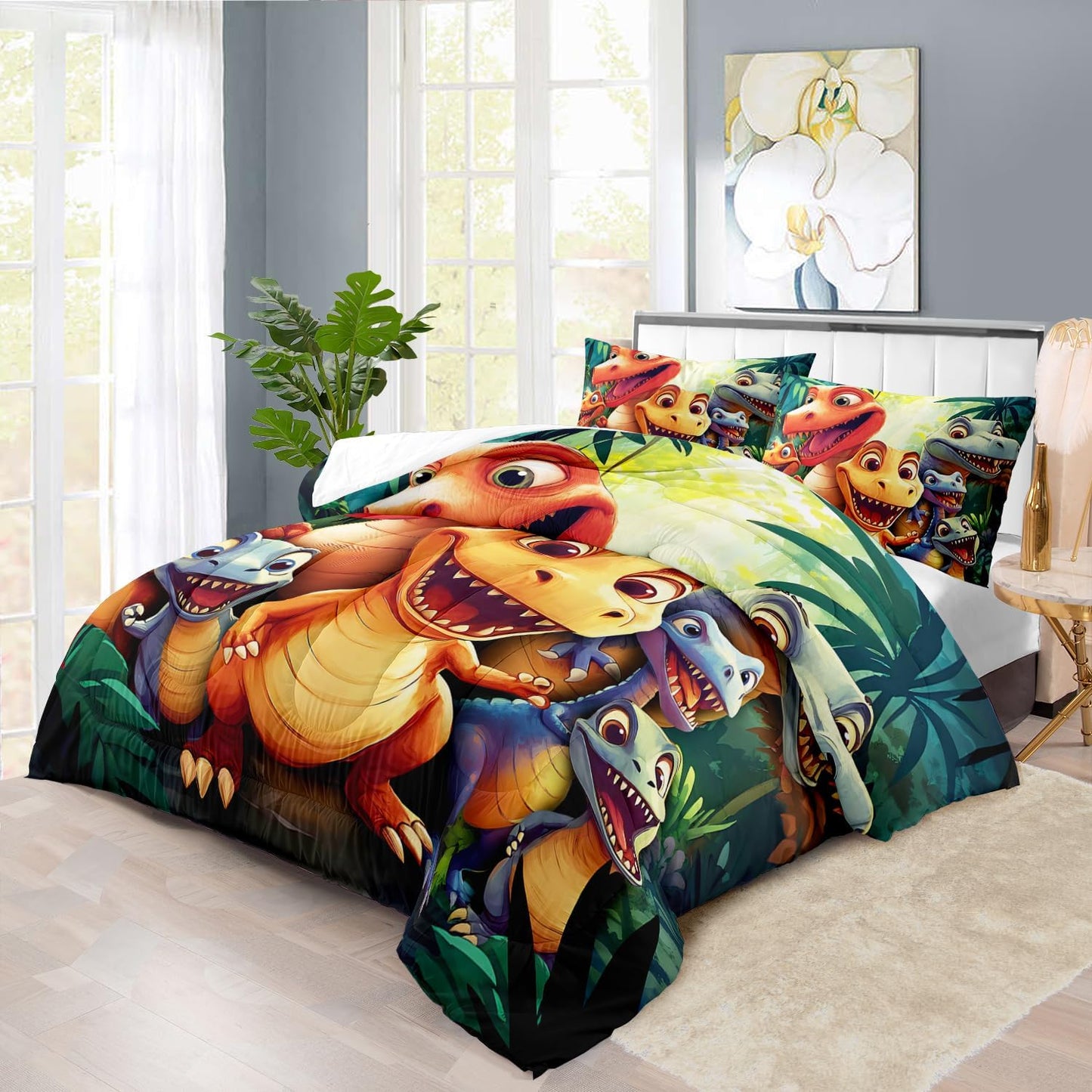Dinosaur Comforter Set Queen Boys,Cartoon 3D Dinosaur Bedding Set Queen Bed Kids,3D Dragon Comforter Dragon Quilt Pattern Bedroom Decor,Cute Animal Bedding Kawaii Animal Quilt Girls