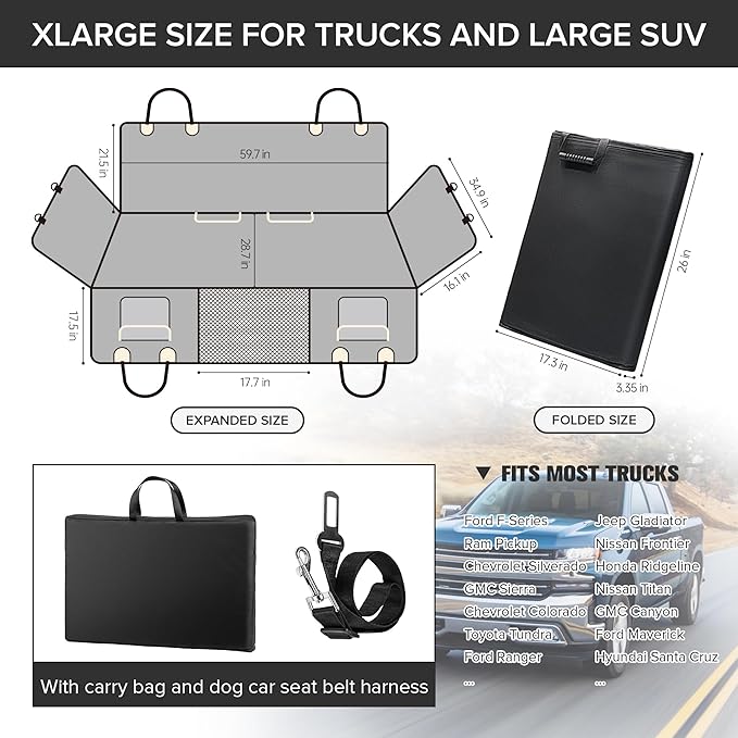 SHARLOVY XL Truck Back Seat Extender for Dogs, Large Hard Bottom Dog Car Seat Cover for Back Seat, Heavy Duty Dog Car Hammock, Waterproof Pet Seat Covers for Trucks, F150, Ram1500 and Large SUV