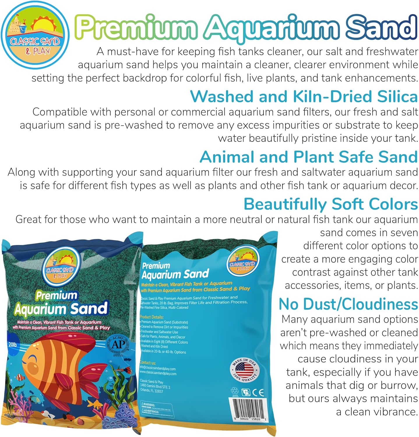 CLASSIC SAND & PLAY Natural Aquarium Sand for Freshwater and Saltwater Tanks, 20 lb. Bag, Improves Filter Life and Filtration Process, Pre-Washed Fine Sand, Green