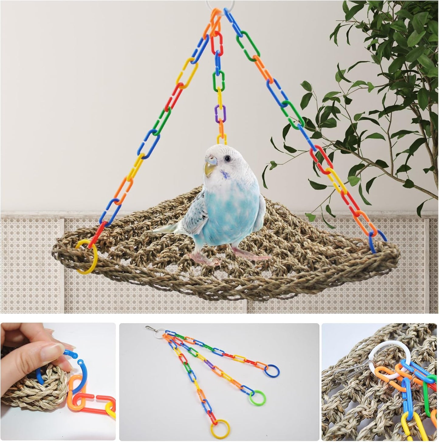 Bird Swing Toys,Bird Seagrass Mat Edible Hammock Parrot Lounger with Toys Handmade Woven Hanging Hammock for Lovebird Cockatiel Canary Parakeets Finch Budgie(2 Pcs)