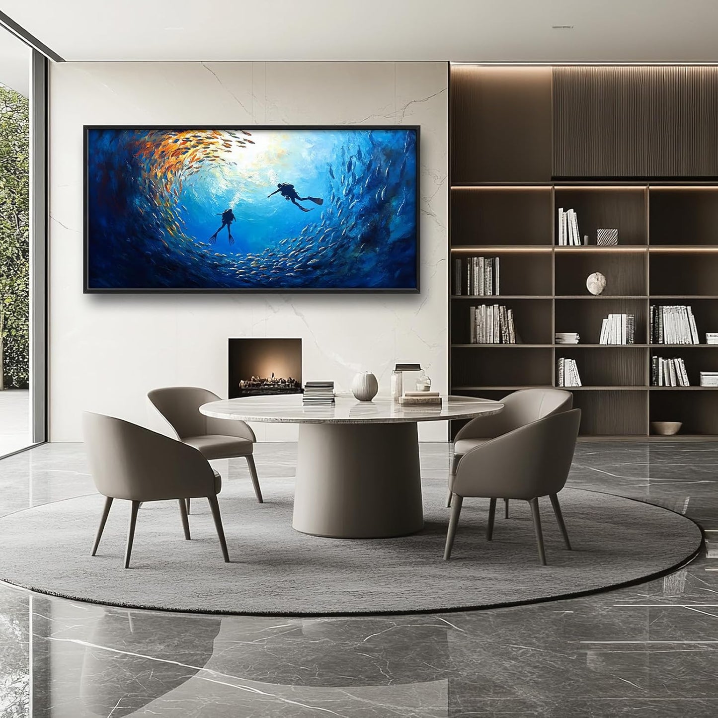 Large Ocean Diving Wall Art for Living Room, Framed Oversized Fish Wall Decor Underwater Marine Life Canvas Painting Modern Artwork for Living Room Bathroom Bedroom Office Dining Room 60"x30"