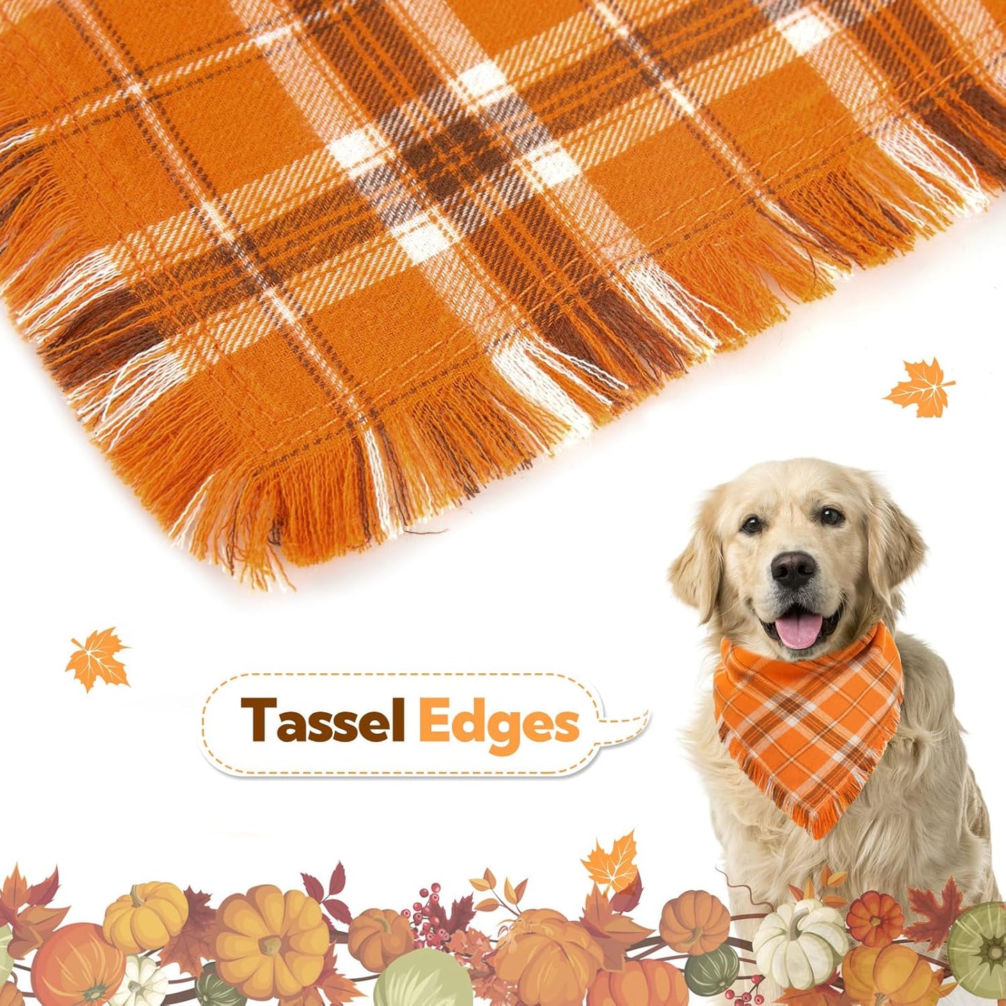 Kytely Dog Bandana Fall XLarge 2Pack, Halloween Autumn Dog Bandanas, Orange Plaid Pet Scarf for Boy and Girl, Holiday Bandana Reversible Triangle Bibs Accessories for Dogs Pets
