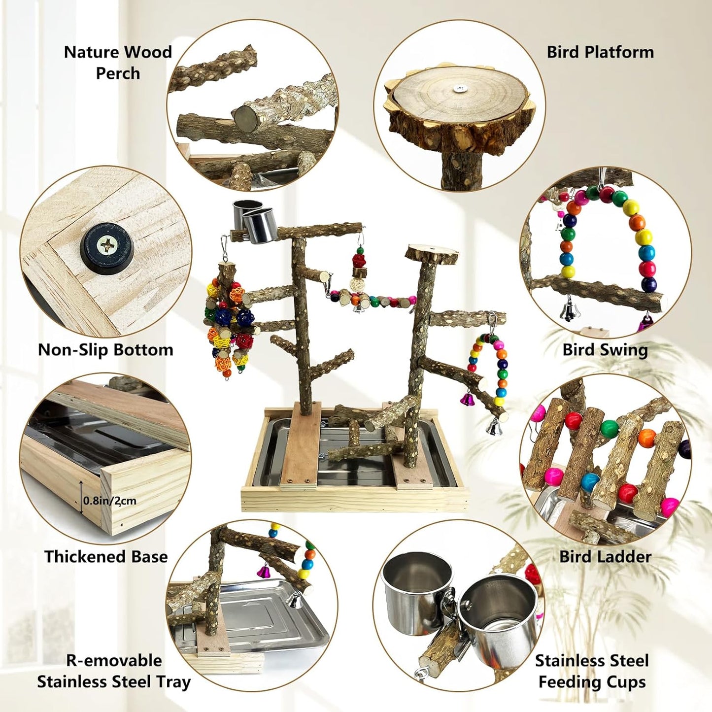 Tfwadmx Bird Playground Natural Wood Bird Play Stands Parrot Perch Stand with Removable Tray Climb Ladders Swing Chewing Toys for Lovebirds Cockatiels Budgies