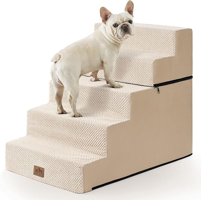 Dog Stairs for Small Dogs, 5 Tier Removable Wider Pet Stairs for Couch and Bed, 23.6" H Non-Slip Dog Steps for Puppies and Old Cats with Support Board, 29.5x19.7x23.6 inch, Beige