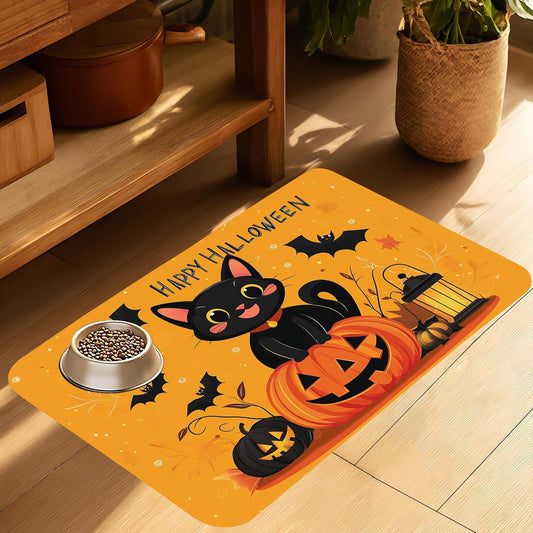 Happy Halloween Cat Pet Feeding Mat for Floors-Absorbent Dog Bowl Mat for Food and Water, Quick Dry Pet Cat Feeding Mats with Non Slip Bottom, Mess-Free Dog Accessories 16"x24"