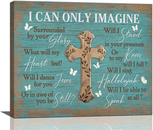 Rustic Christian Cross Wall Art I Can Only Imagine Pictures Farmhouse Butterfly Wall Decor Teal Motivational Canvas Print Painting Artwork for Bathroom Living Room Bedroom 20"x24"