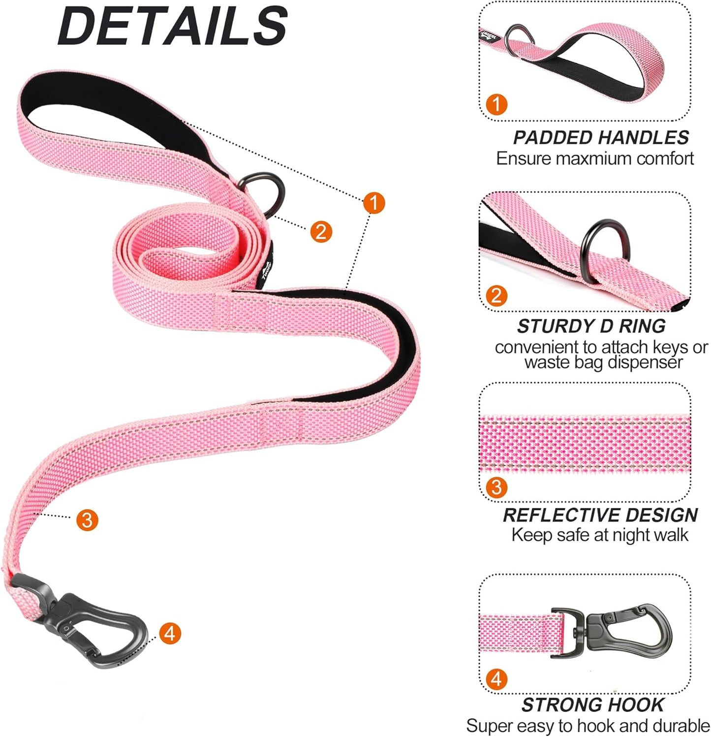 TwoEar 4FT 1IN Strong Pink Dog Leash with 2 Padded Handles, Traffic Handle Extra Control, Comfortable Soft Dual Handle, Auto Lock Hook, Reflective Walking Lead for Small Medium and Large Dogs