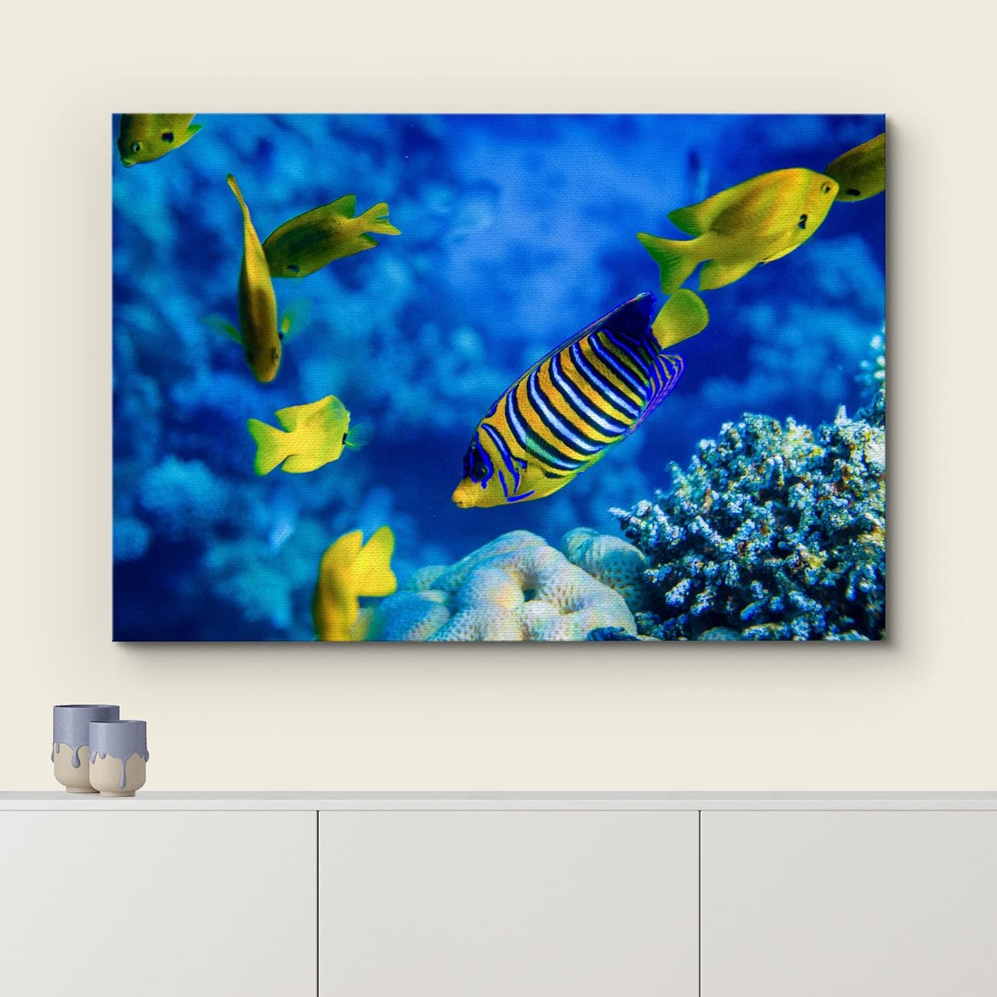 wall26 Canvas Print Wall Art Striped Yellow Tropical Fish Coral Reef Sea Nature Animals Photography Realism Rustic Scenic Landscape Wilderness Colorful for Living Room, Bedroom, Office - 12"x18"