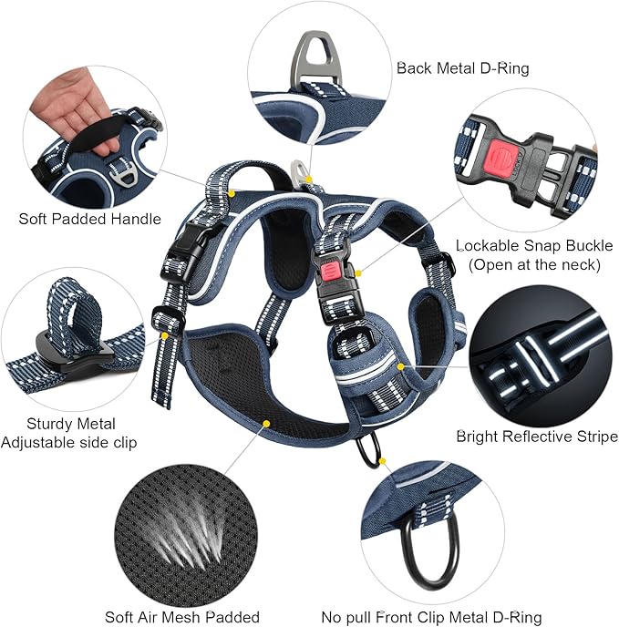 Timos Dog Harness Small Sized, No Pull Pet Harness with Neck Lockable Snap,No Choke Front Clip Dog Reflective Vest,Adjustable Metal Rings 3 Buckles,Easy Control Handle for Small Dogs Royal Blue S