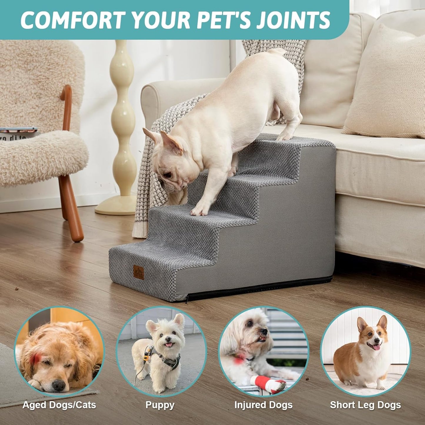 Dog Stairs for Small Dogs, 4 Tier Wider Pet Stairs for Couch and Beds, 17.7" H Non-Slip Dog Steps for Old Cats, Puppy, Small Medium Dogs, 17.7x23.6x17.7 inch, Grey