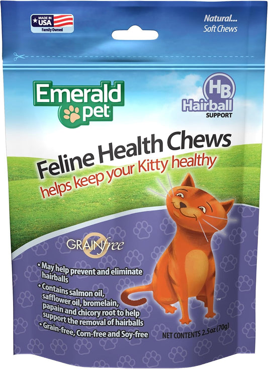 Emerald Pet Feline Health Chews Hairball Support — Natural Grain Free Feline Hairball Control Chews — Hairball Control Cat Supplements for Hairball Prevention and Elimination — Made in USA, 2.5 oz