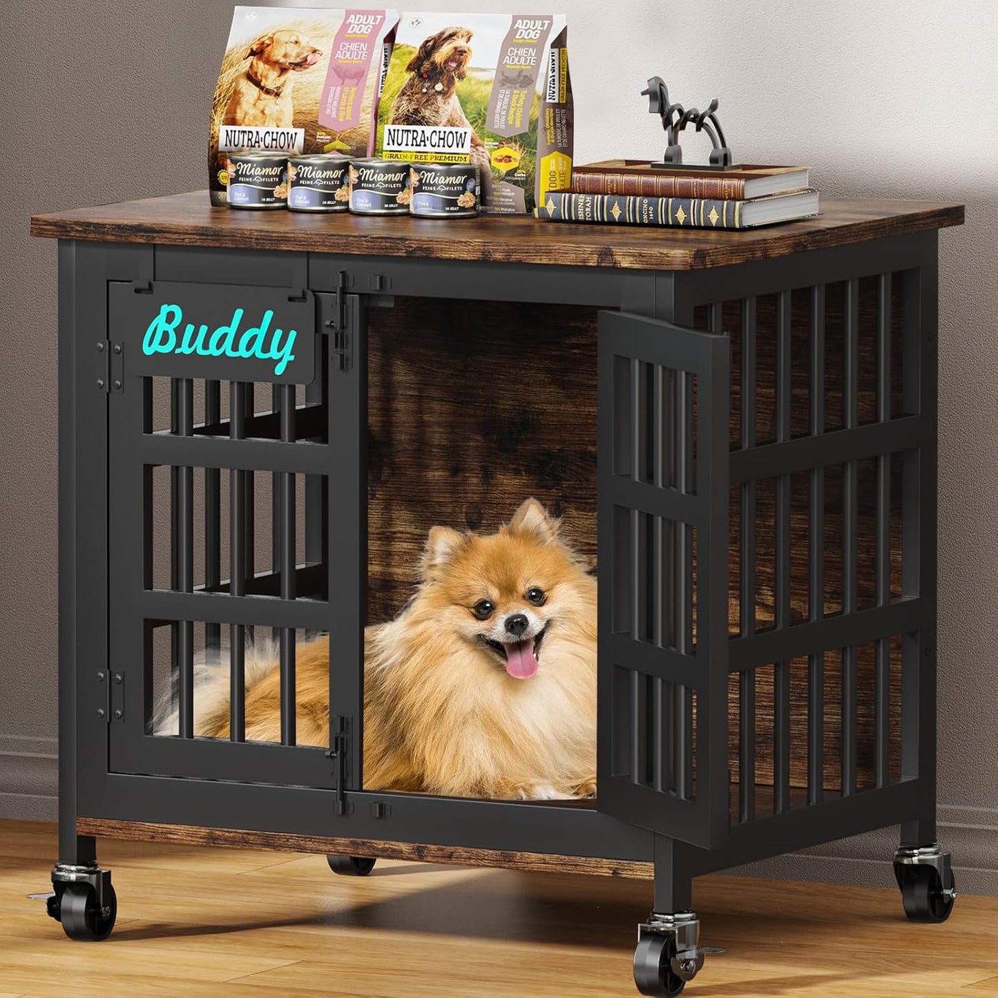 EasyCom Heavy Duty Dog Kennel Indoor with Name Tag, 27" Dog Crate Furniture for Small Dogs, Double-Doors Sturdy Metal Dog Cage for Anxiety Dog