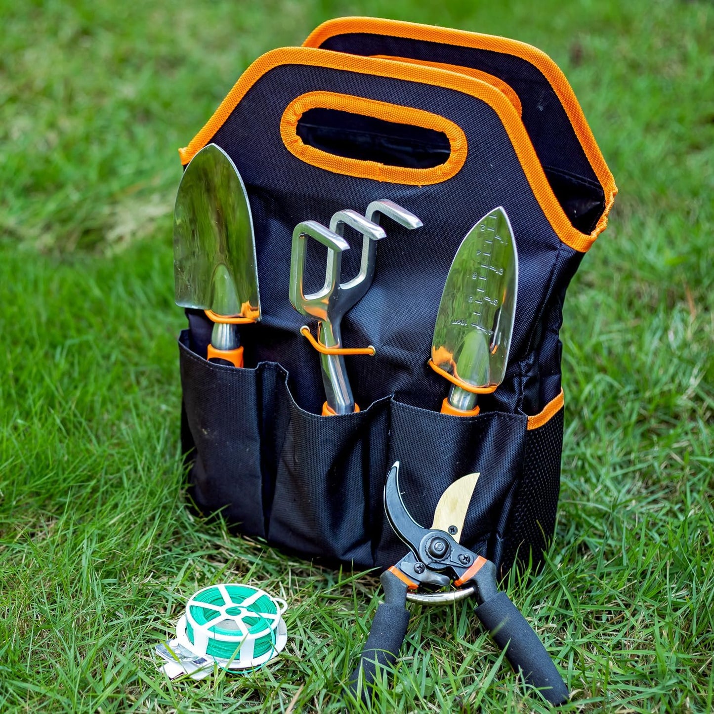 ESOW Garden Tool Set 7 PCS, Includes Cast-Aluminum Heavy Duty Hand Trowel, Transplant Trowel, Hand Rake, SK-5 Steel Gardening Scissor, Plant Tie, Bag & Gloves, Tool Kit Gifts