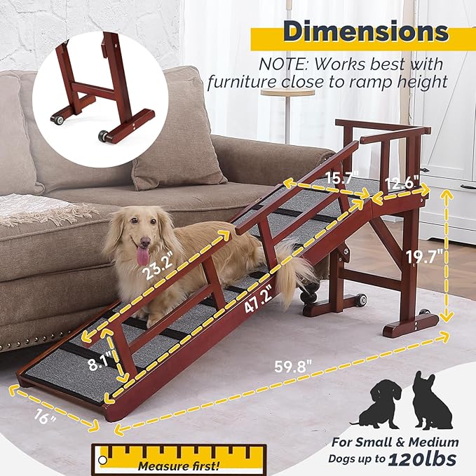 Dog Ramp for Bed or Couch, Wooden Pet Ramp with 20° Gentle Slope, Removable Side Rails, Non-Slip Surface, Top Platform & Wheels, Safe Bed Ramp for Small, Medium & Senior Dogs, 60" Long, Mahogany