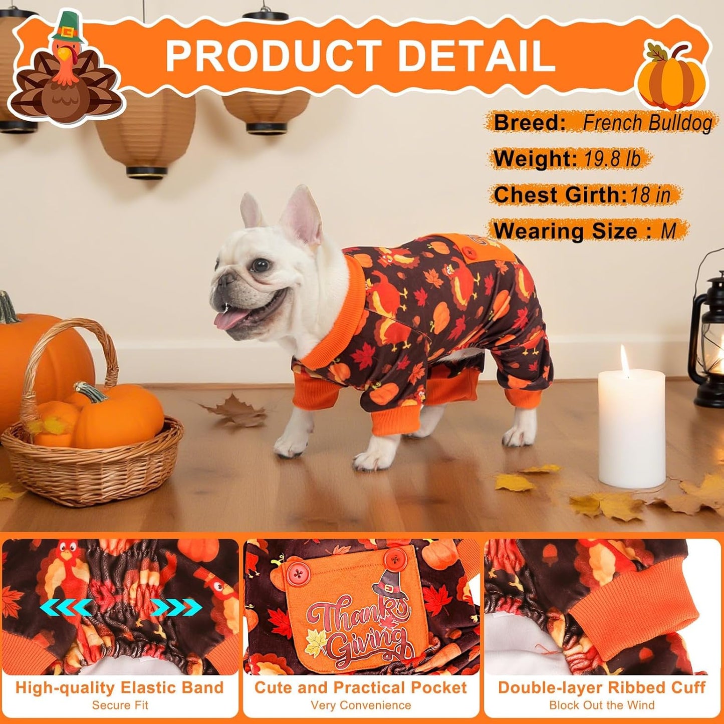 BEAUTYZOO Dog Thanksgiving Pajamas Small Sized Dog, Fleece Funny Ghost Pumpkin Costumes for Dogs, Soft Stretchable Doggy Onesie with Feet, Pet Apparel Clothes for Small Dogs Boy Girl, Orange S