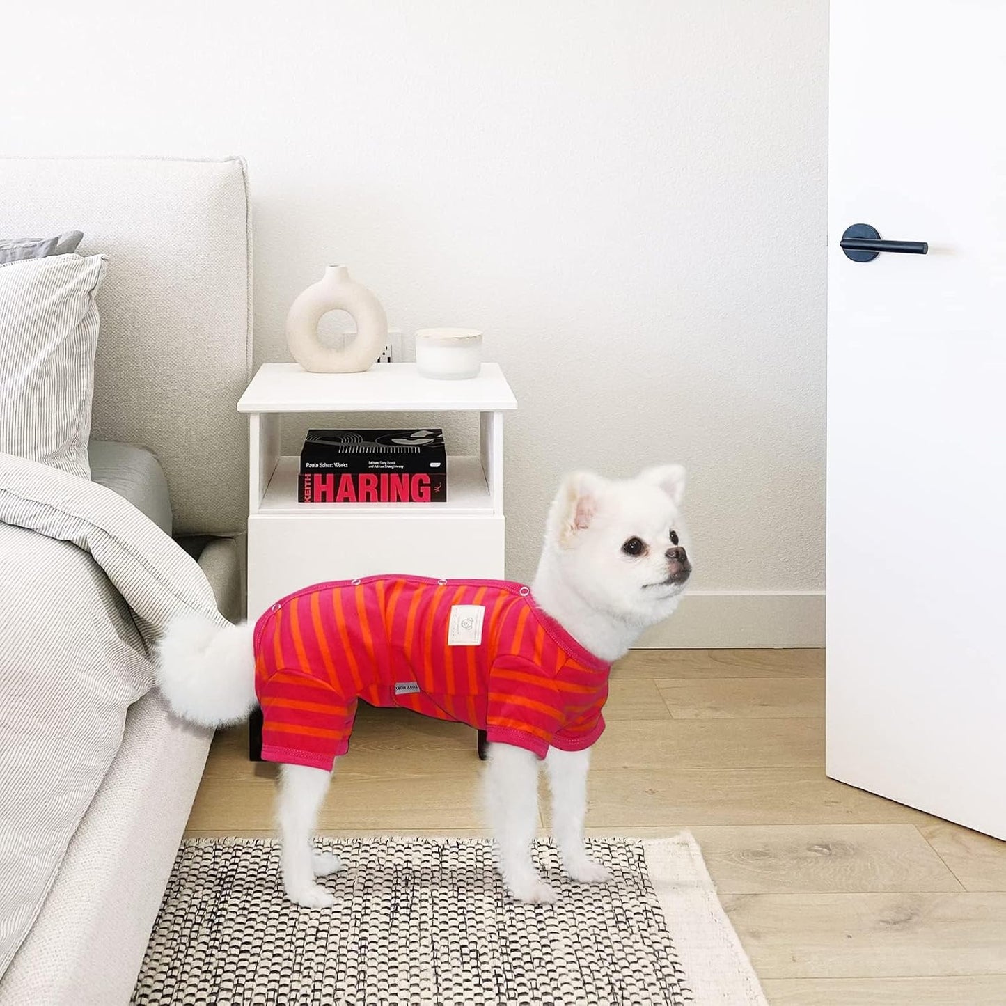 TONY HOBY Female/Male Dog Pajamas, Dog Jumpsuit 4 Legged Pajamas with Stripes, Soft Cotton for Comfortable Sleep (Rose Red&Orange, Boy, L)