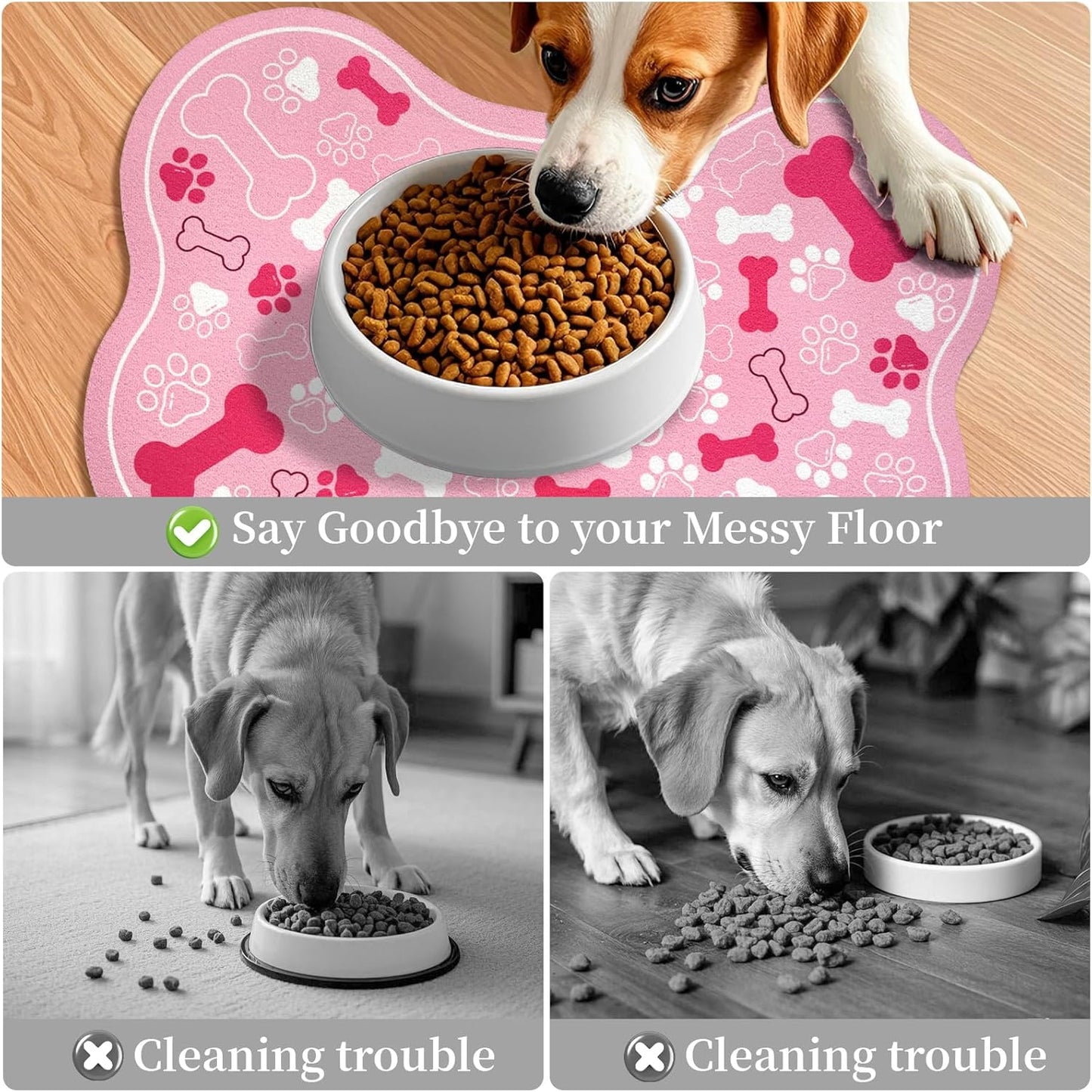 Dog & Cat Food Mat Bone Shaped Pet Feeding Mat Quick Absorb Water Bowl Placemat with Rubber Backing Indoor Floor Stain Resistant Pet Accessory Supplies (Light Pink Small, 12x18 Inches)