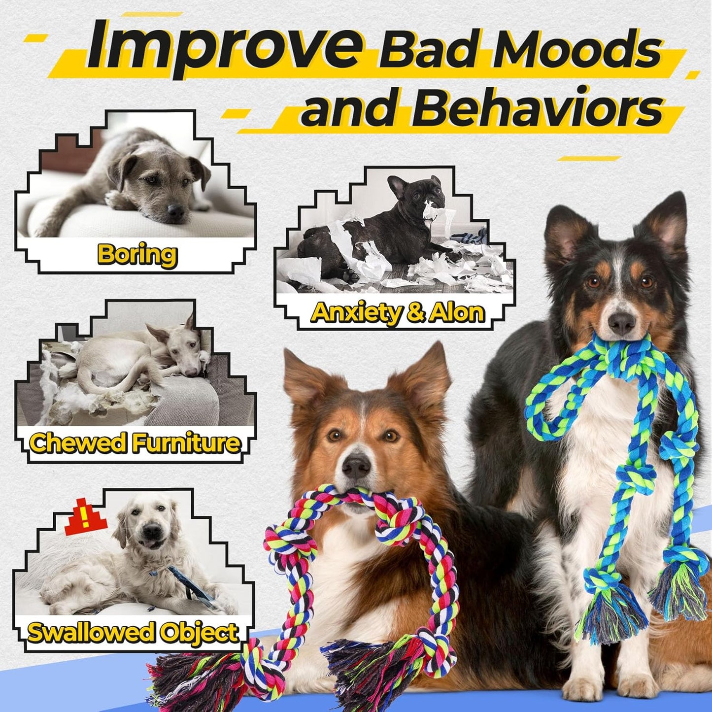 Heavy Duty Dog Rope Toys for Aggressive Chewers, Tough Tug of War Dog Toys for Large, Medium & Small Dogs – 5 Pack Including 2 Ropes & 3 Supplies