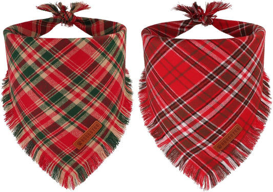 ADOGGYGO Christmas Dog Bandanas with Tassels Edges, Stylish Red Plaid Xmas Scarf, Multiple Sizes, Christmas Bandanas for Medium Large Dogs (Large)