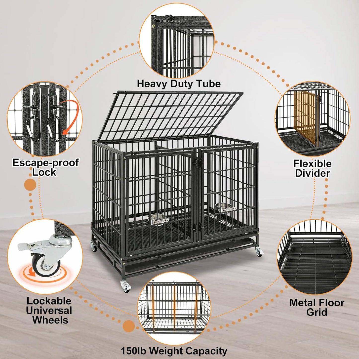 Homey Pet 43 Inch Stackable Heavy Duty Dog Crate Cage Kennel with Lockable Wheels, Removable Tray & Grid, Divider, Feeding Bowls, Escape Proof Drop Cage Bank for Small Medium Large Sized Dogs(3 Tiers)