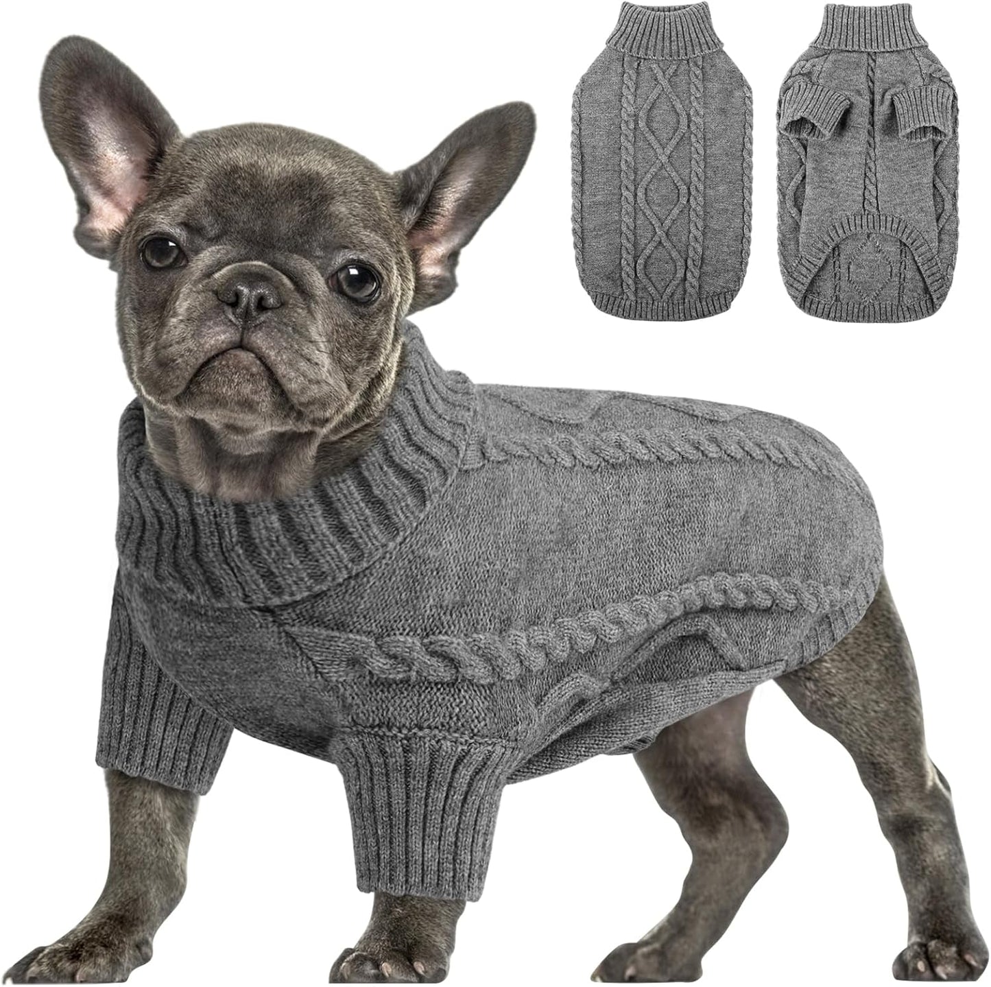 Queenmore Small Dog Pullover Sweater, Cold Weather Cable Knitwear, Classic Turtleneck Thick Warm Clothes for Chihuahua, Bulldog, Dachshund, Pug (Slate Grey, X-Large)