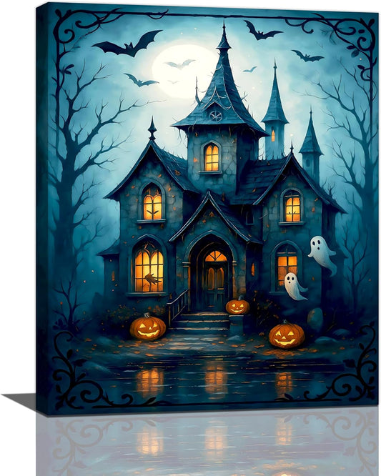 Halloween Gothic Wall Art Castle Pumpkin Ghost Bat Canvas Wall Decor Dark Academia Pictures Painting Print Framed Artwork Decorations Gifts for Halloween Living Room Bedroom Office 16"x20"