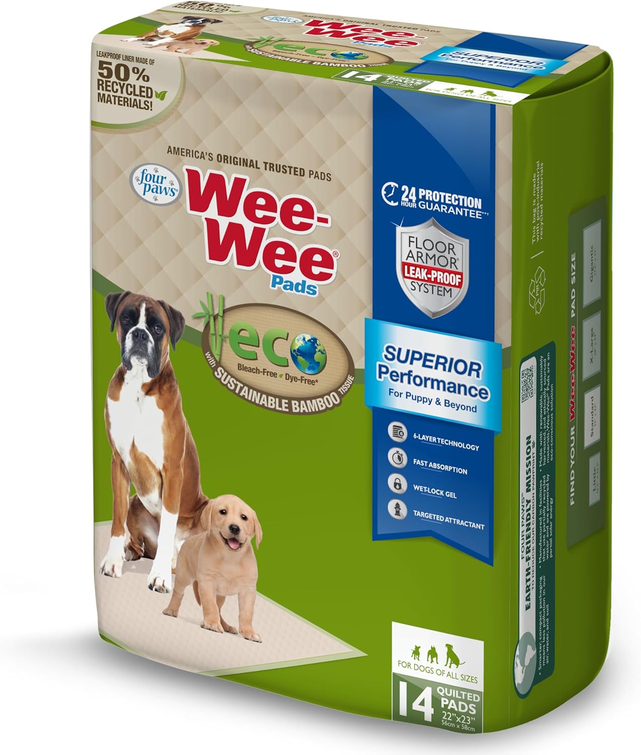 Four Paws Wee-Wee Superior Performance Bamboo Pee Pads for Dogs, Earth Friendly Dog & Puppy Potty Training Pads, Crate Liners, Housebreaking Supplies, 22" x 23" (14 Count)