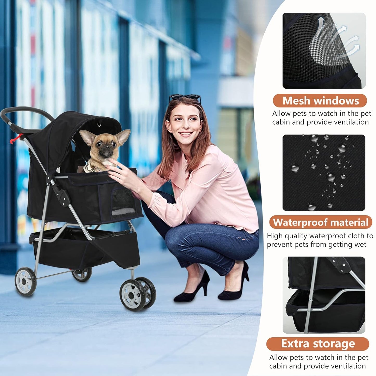 Travel Folding Pet Jogger for Small Medium Dog Cat - Folding Stroller with Storage Basket, Removable Cup Holders (Black, 3 Wheels)