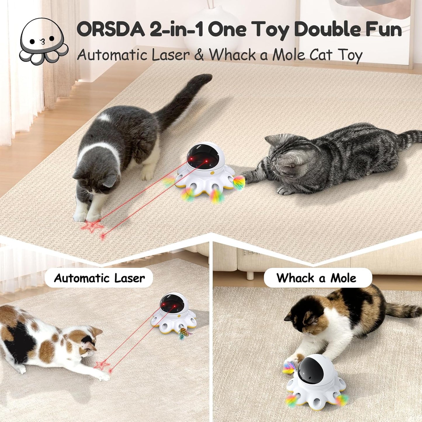 ORSDA Cat Laser Toy, 2-in-1 Interactive Automatic Motion Activated Moving 8 Holes Whack A Mole Feather, USB Rechargeable Electronic Smart Sensor Kitten Toys for Indoor Exercise