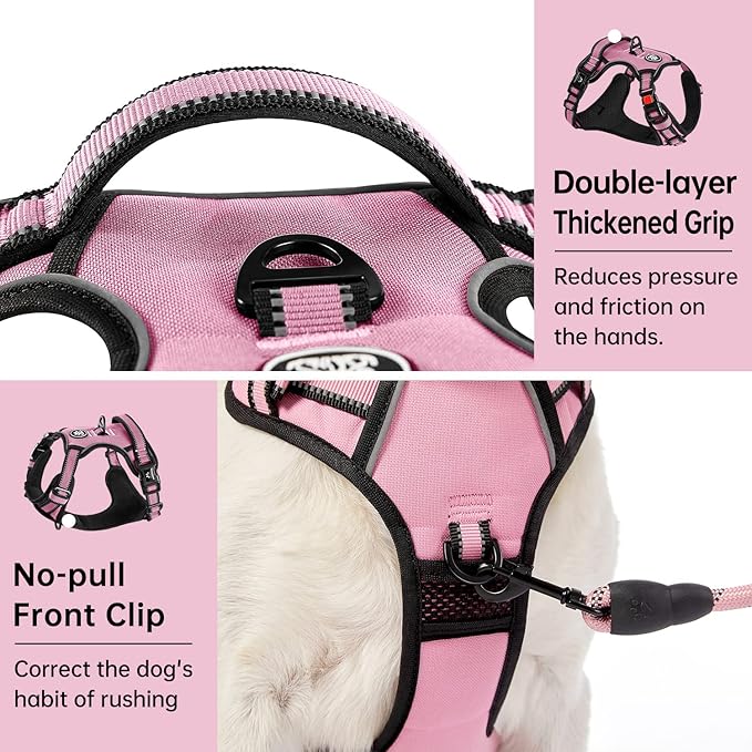 IVY&LANE No Pull Dog Harness for Small Dogs, Dog Vest Harness with Leash, Safety Belt and Storage Strap, Fully Adjustable, 360 Reflective Strip, Soft Handle (Pink, S)