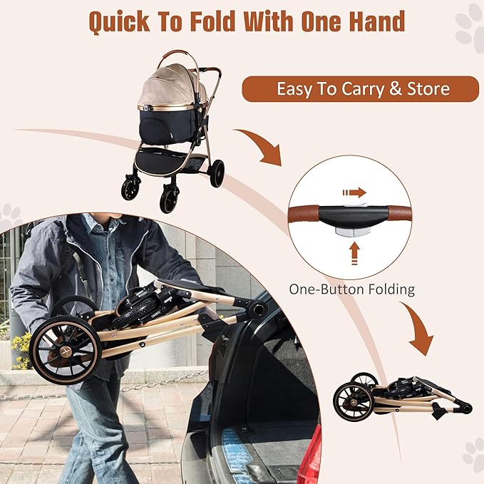 3 in 1 Multifunction Pet Stroller for Small Medium Dogs Cats, No-Zip Dog Stroller with Detachable Carrier & Cup Holder, One-Hand Quick Fold, 4 Wheels Travel Foldable Aluminum Alloy Frame Up to 33 lbs