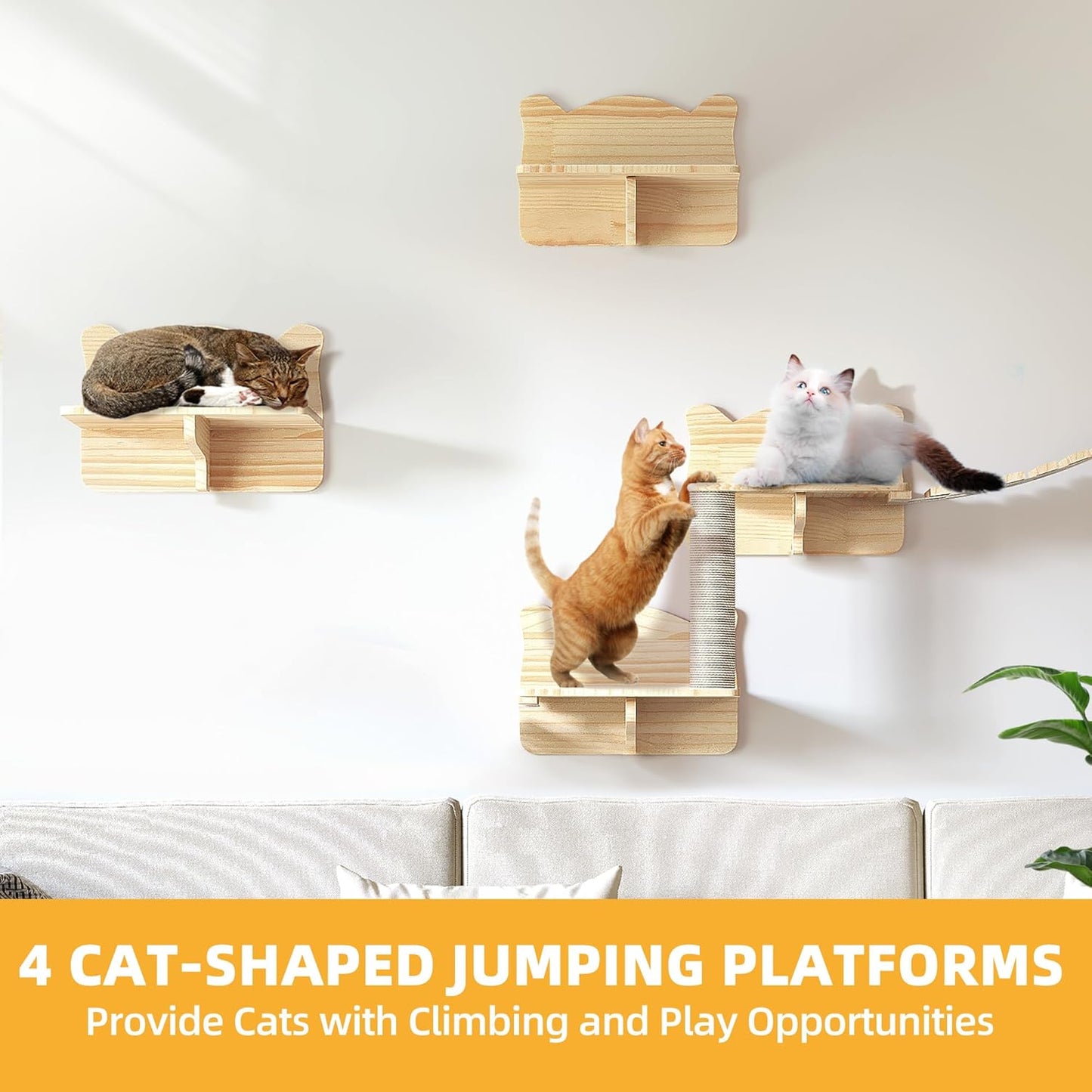 Cat Wall Shelves, Cat Wall Furniture Pine Wooden Feline Shelf, 16 Piece Feline Shelves and Perches with Condos, House, Steps, Bridge Ladder, Scratching Post and Tunnel