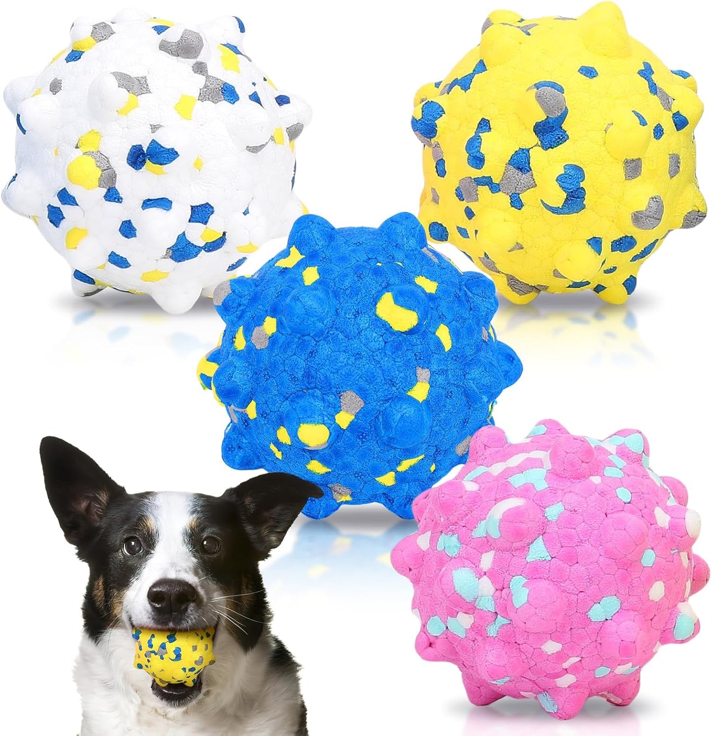 VINGVO Large Dog Balls Tennis Ball Toys 4 PCS Dogs Toys for Aggressive Chewers, 3" Teething Chew Toys Water Floating Ball Toy Bouncy Fetch Balls for Large Medium Small Dog and Puppies (4 Spiked)