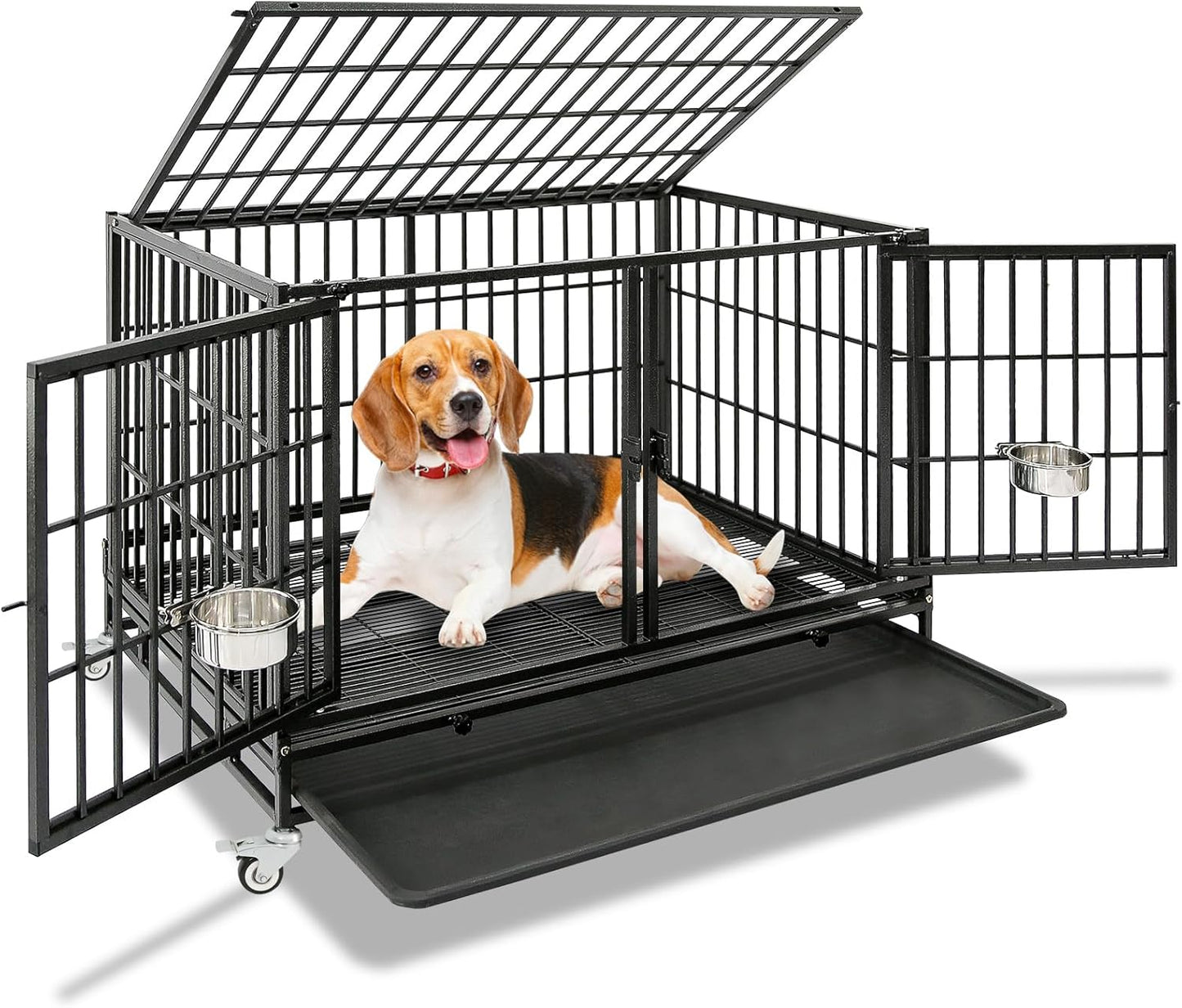 Homey Pet 43 Inch Heavy Duty Dog Crate Cage Kennel for Medium Dogs with Three Door, Divider, Removable Grid & Tray, 4 x Lockable Wheels, 2 x Bowls, Stackable Drop Cages for Breeders, Groomers