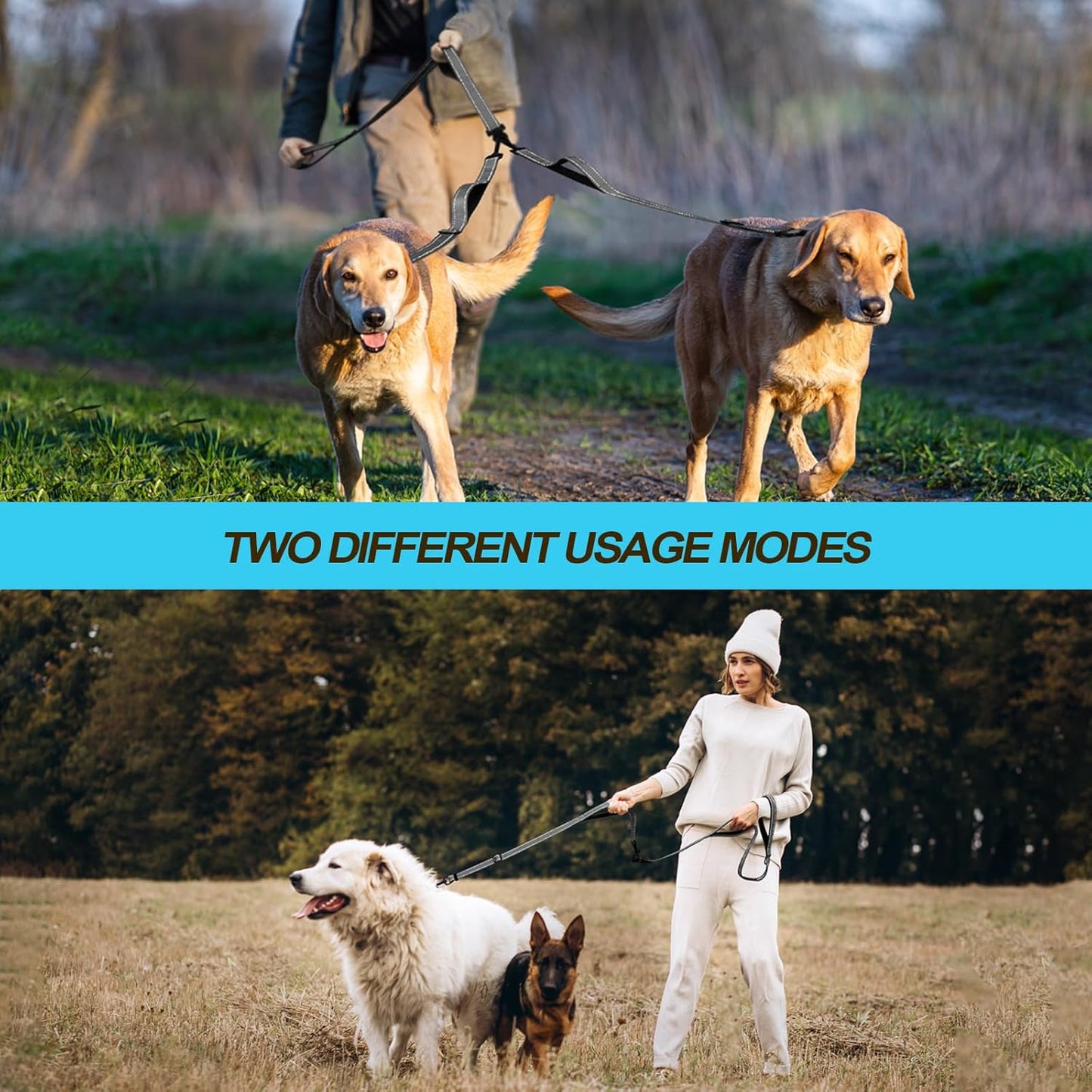 PetBonus Double Dog Leash, No Tangle Dual Leash, Reflective Walking Training Lead, 4 Comfortable Padded Handles for 2 Dogs with Collapsible Bowl and Waste Bags (Grey, Large)