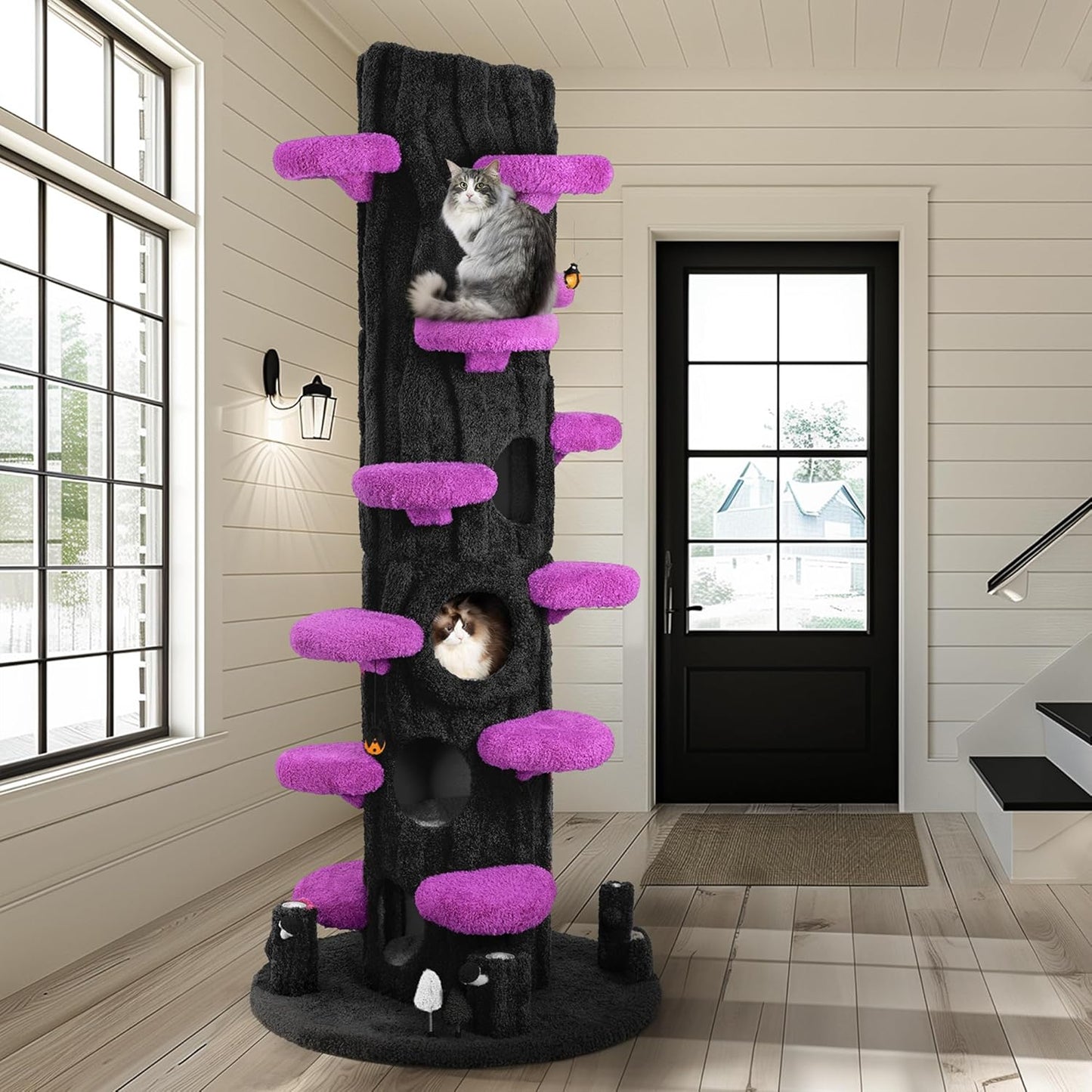 Super Large Cat Tree for Indoor Cats, All-in-One Tall Cats Tower with Scratching Post, Luxury Multi-Level Solid Wood Cat Condo for Multi-Cat Families (Purple)