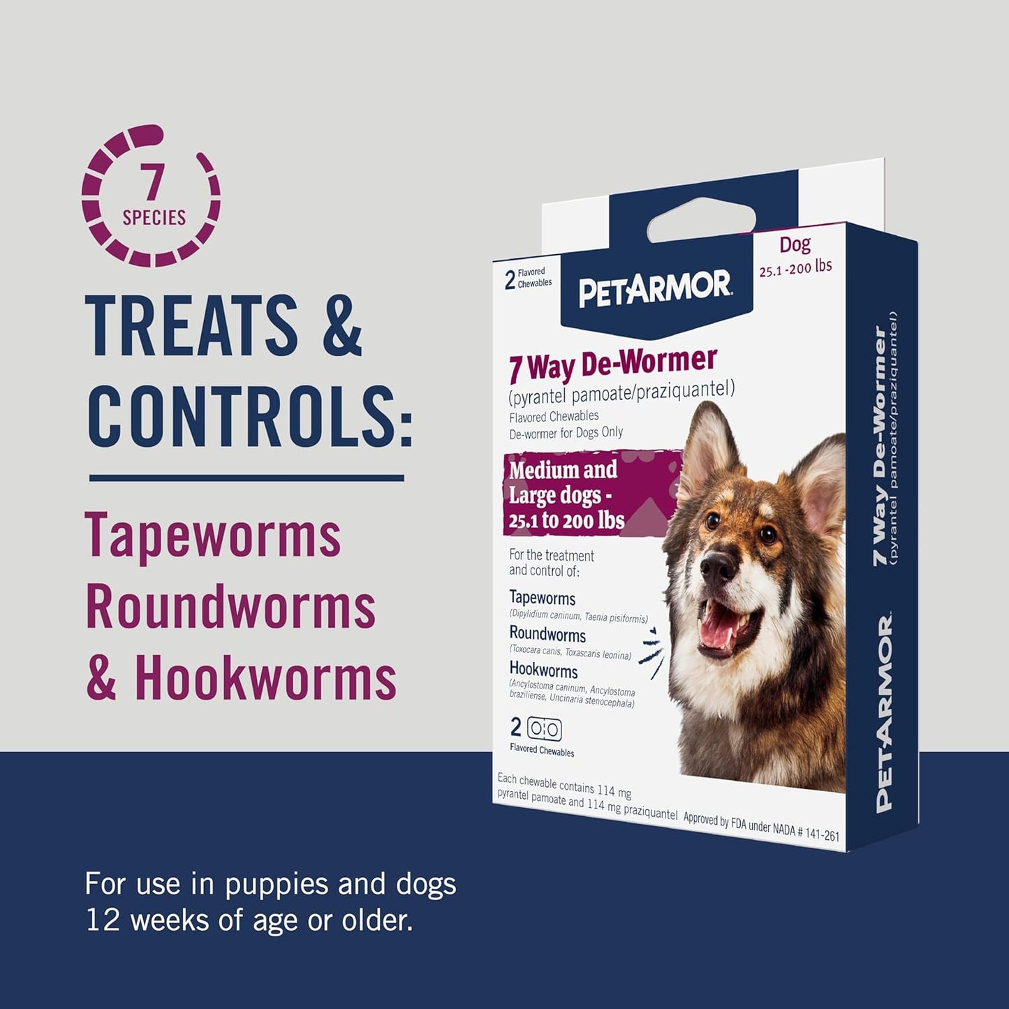PetArmor 7 Way De-Wormer for Dogs, Oral Treatment for Tapeworm, Roundworm & Hookworm in Large Dogs & Puppies (Over 25 lbs), Worm Remover (Praziquantel & Pyrantel Pamoate), 6 Flavored Chewables