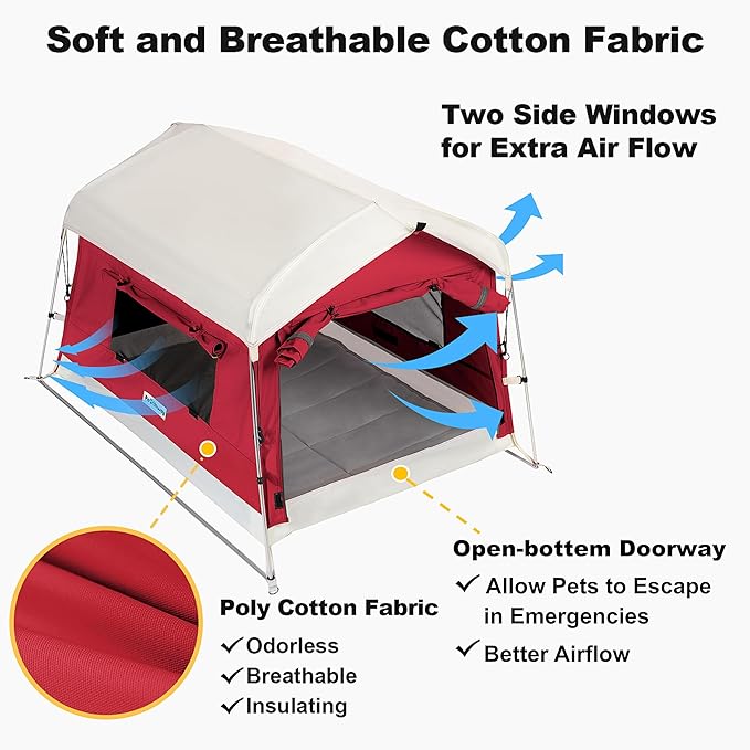 Dog Tent Cotton Fabric, Aluminum Poles and Camping Mat, Outdoor Weatherproof, Dog House Outdoor, Breathable with 2 Side Windows, Portable and Collapsible (Red, Large)