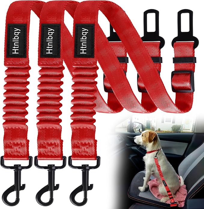3 Pack Thickened Dog Seat Belt Adjustable Dog Car Seatbelts for Vehicle Nylon Pet Safety Seat Belt with Elastic Bungee Buffer Durable Car Harness for Dogs,Red