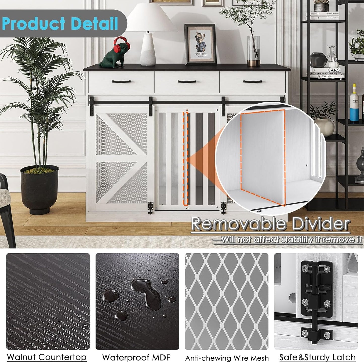 48'' Dog Crate Furniture with Divider&Storage Drawers, Wooden Double Dog Kennel Furniture End Table with Sliding Barn Doors, White Double Dog Crate TV Stand