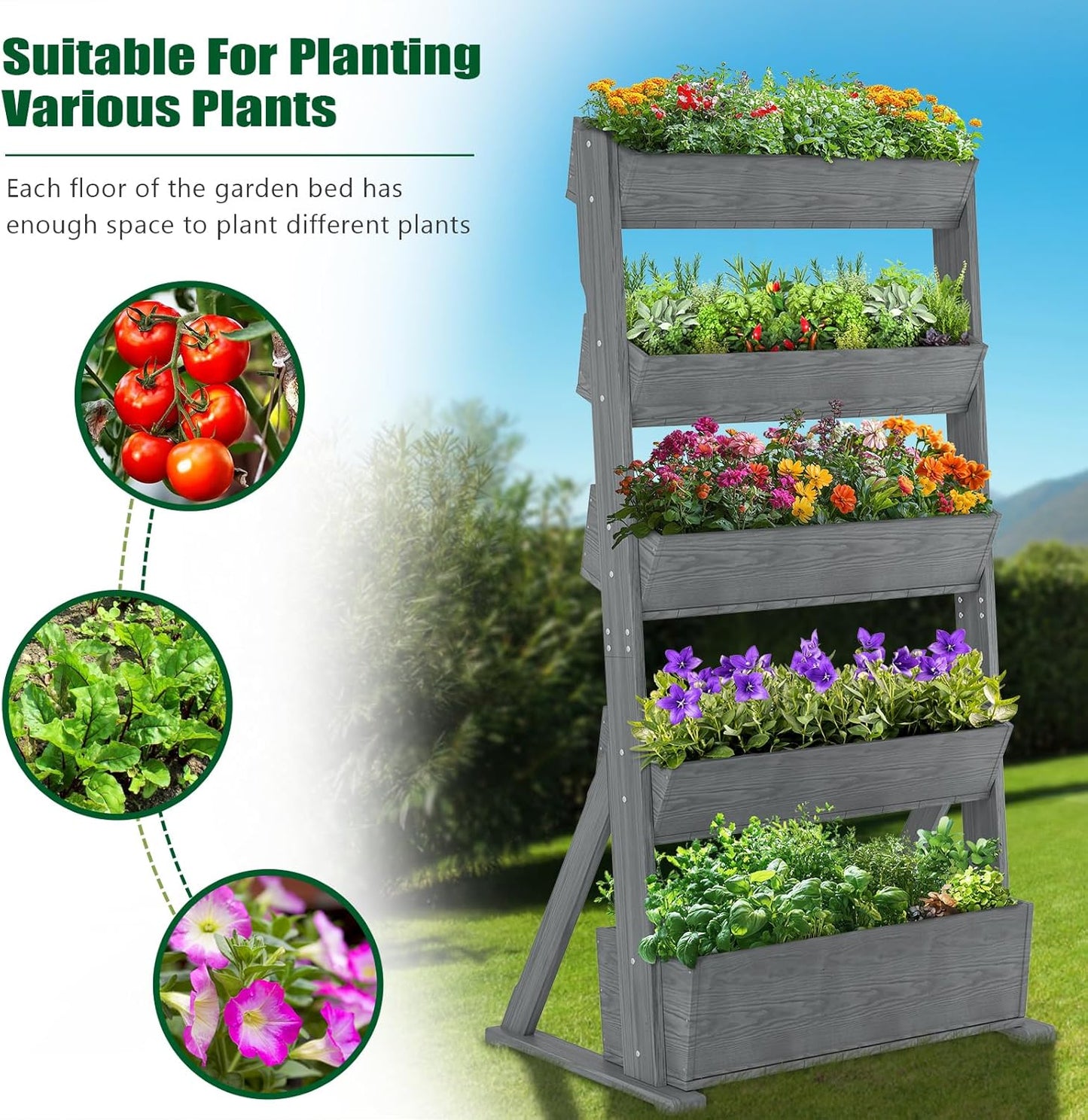 SUNYRISY 5 Tiers Vertical Raised Garden Bed Outdoor Planter Tower, Wooden Freestanding Planter Box for Planting Herbs Flowers Vegetables Backyard Patio Balcony Indoor Outdoor Gardening, Grey