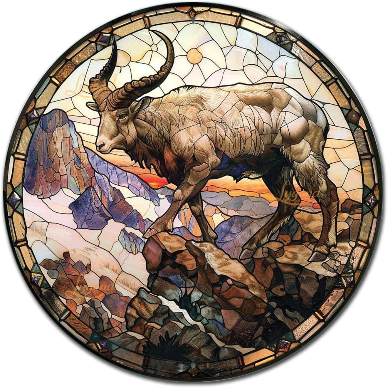 Lygond Metal Sign Tin Sign Circular Stained Glass Mountain Goat Tin Sign Gift for Garage 12×12 Inches