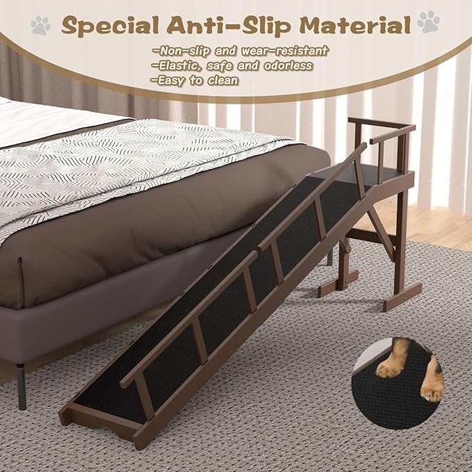 73" Dog Ramp for Bed, Pet Ramp with Removable Side Rail and Non-Slip Surface, Pet Ramp for Small & Large & Senior Dogs with Rest Platform and DIY Glow Strips,Dog Stairs for Couch, Brown