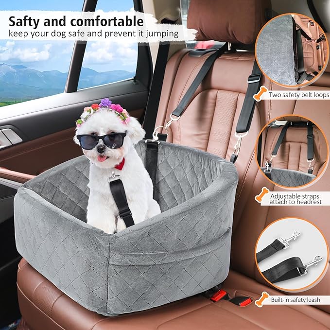 Dog Car Seat for Small Dogs,Detachable Washable Dog Booster Seat for Medium Dogs Under 30lbs, Pet Car Seat Travel Bed with Storage Pockets and Dog Safety Belt (Grey)
